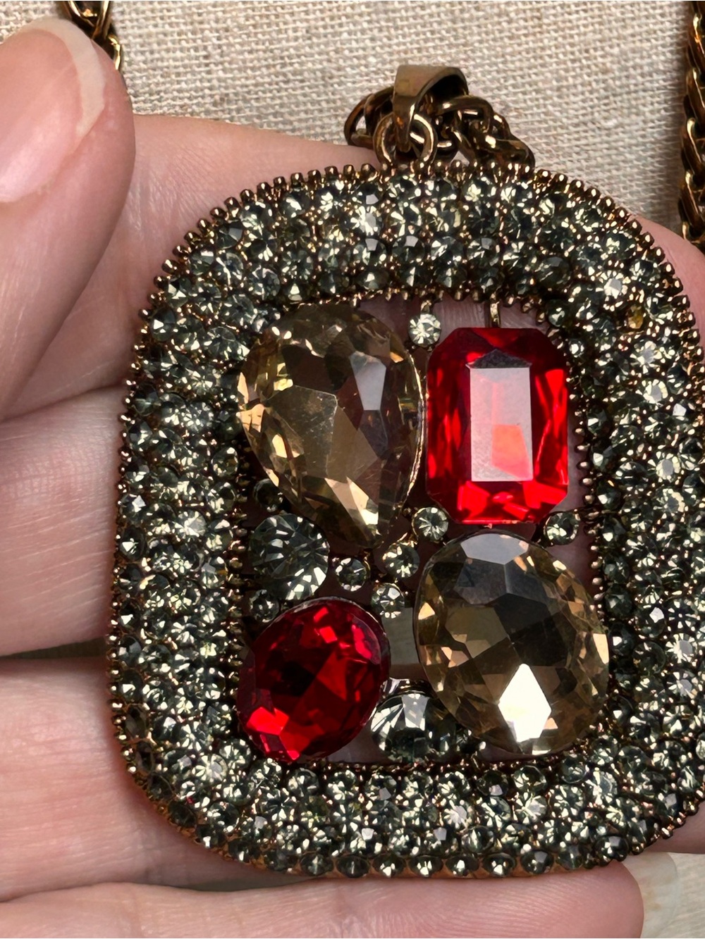 Vintage Style Red & Smoky Crystal Pavé Square Pendant Necklace Moody Vibe - Picture 5 of 7